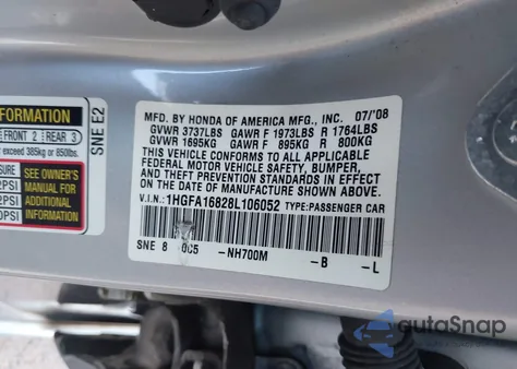 2008 Honda Civic Ex из США, поврежденный, VIN 1HGFA16828L106052